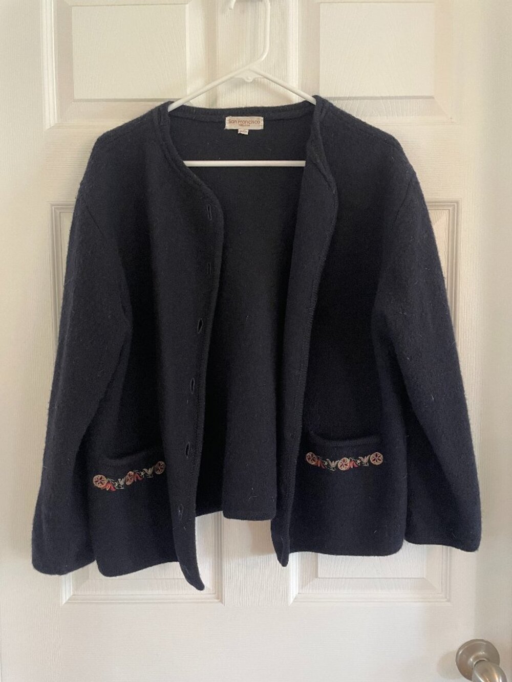 Vintage Navy Blue Boiled Wool Folk Cardigan Jacket Size Small